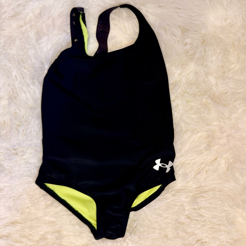 Under Armour Girls Black with Neon Yellow Trim One-Piece Swimsuit
